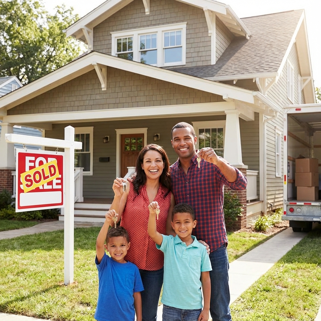 Happy family with keys to their new home